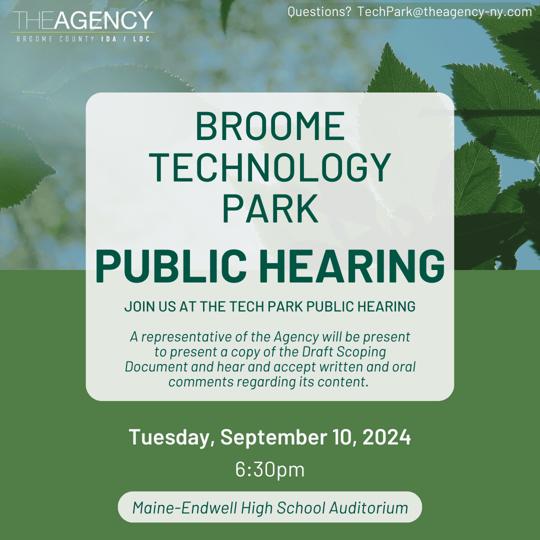 Broome Technology Park Public Hearing notice for September 10, 2024 at Maine-Endwell High School Auditorium.